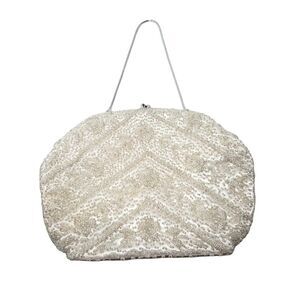 Vintage Off White Beaded Evening Formal Purse Bag Beige Metal Clasp Closure READ